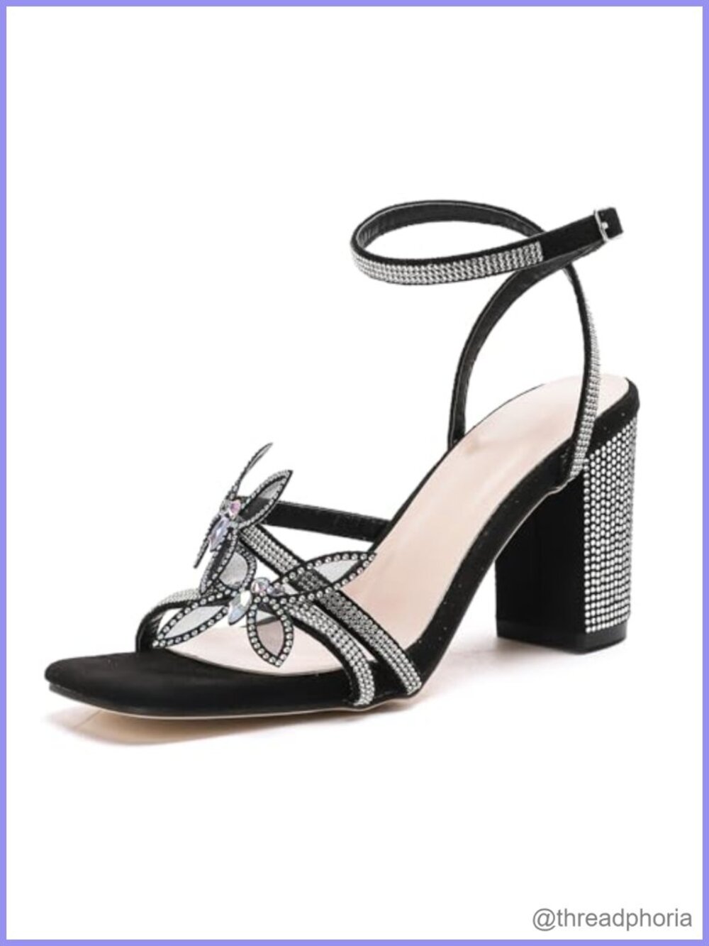 GATUXUS Women's Rhinestone Butterfly Chunky Heel Sandals Ankle Strappy